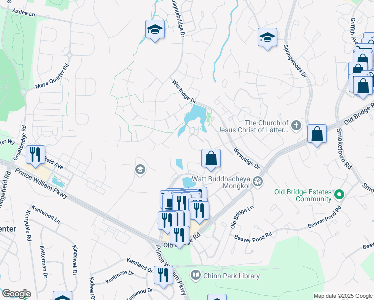 map of restaurants, bars, coffee shops, grocery stores, and more near 12763 Quarterhorse Ln in Woodbridge