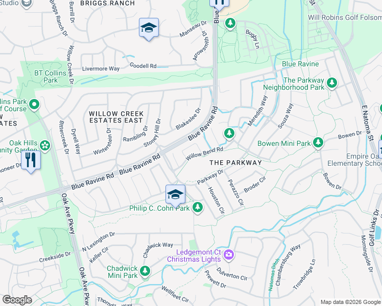 map of restaurants, bars, coffee shops, grocery stores, and more near 1476 Willow Bend Road in Folsom
