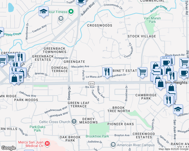 map of restaurants, bars, coffee shops, grocery stores, and more near 6726 Le Mans Avenue in Citrus Heights