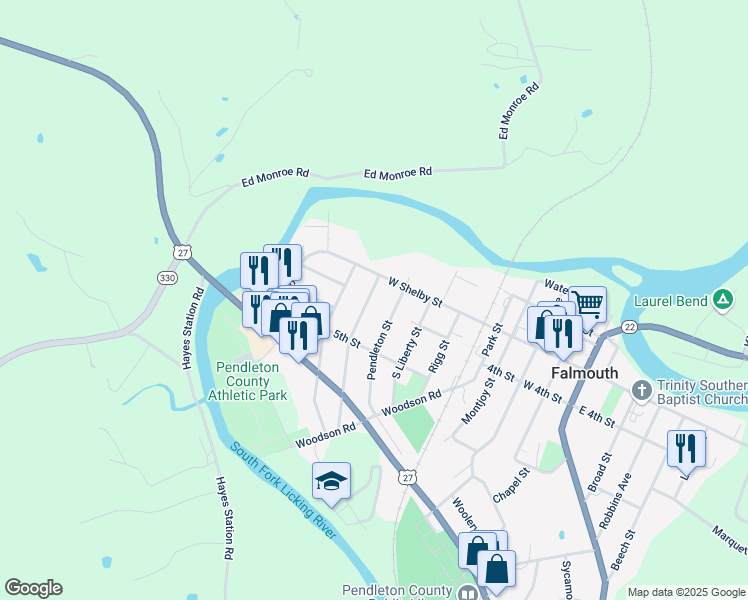 map of restaurants, bars, coffee shops, grocery stores, and more near 308 Barkley Street in Falmouth