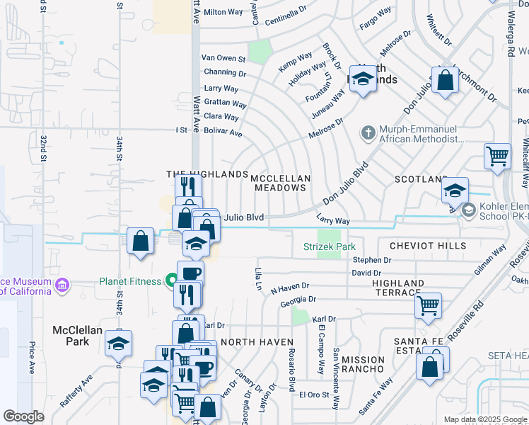 map of restaurants, bars, coffee shops, grocery stores, and more near 3729 Don Julio Boulevard in North Highlands