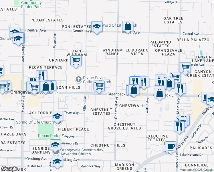 map of restaurants, bars, coffee shops, grocery stores, and more near 9175 Greenback Lane in Orangevale