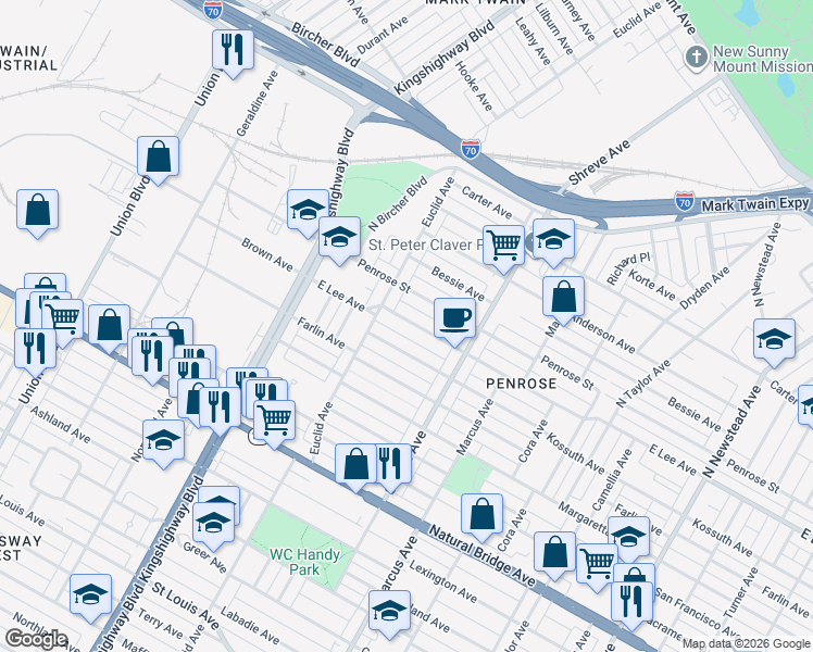 map of restaurants, bars, coffee shops, grocery stores, and more near 4860 Lee Avenue in St. Louis
