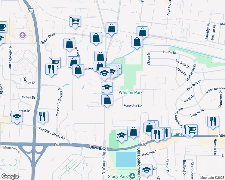 map of restaurants, bars, coffee shops, grocery stores, and more near 9749 Grandview Drive in Olivette