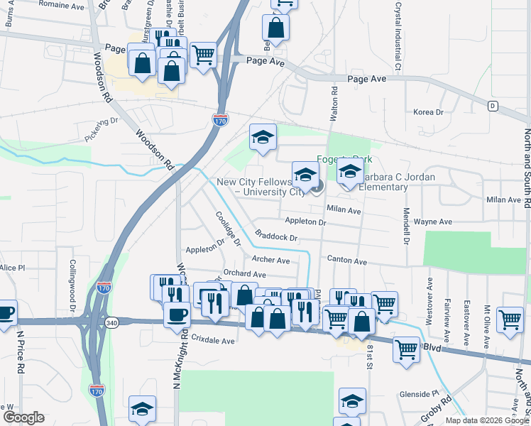 map of restaurants, bars, coffee shops, grocery stores, and more near 8405 Braddock Drive in St. Louis