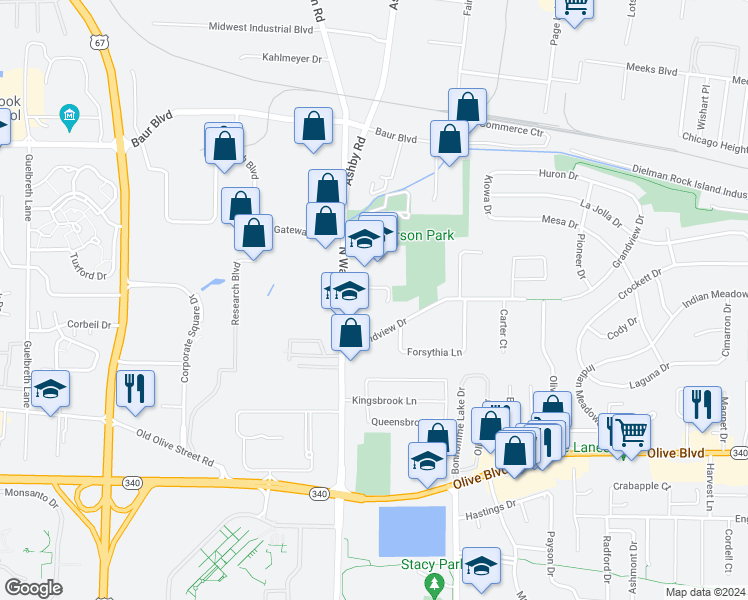 map of restaurants, bars, coffee shops, grocery stores, and more near 9749 Grandview Drive in Olivette