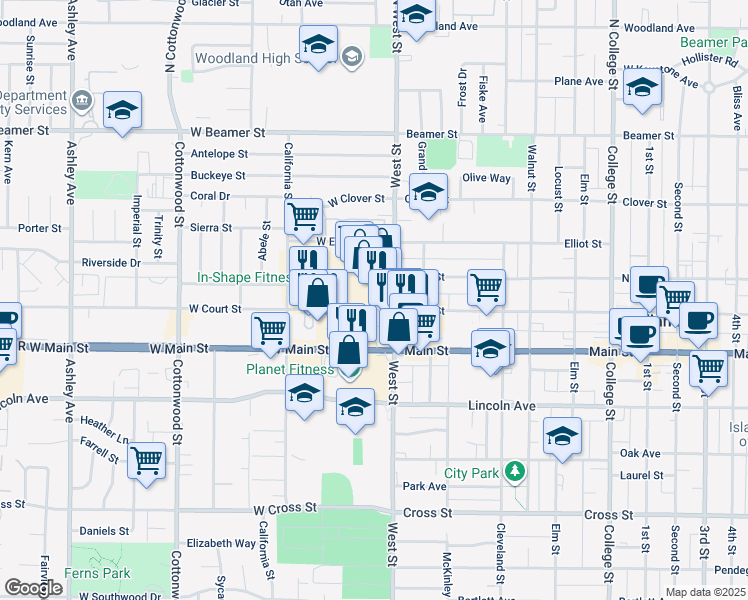 map of restaurants, bars, coffee shops, grocery stores, and more near 14 West Court Street in Woodland