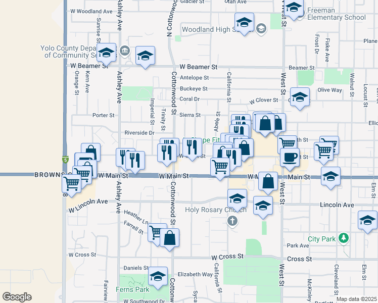 map of restaurants, bars, coffee shops, grocery stores, and more near 174 West Court Street in Woodland