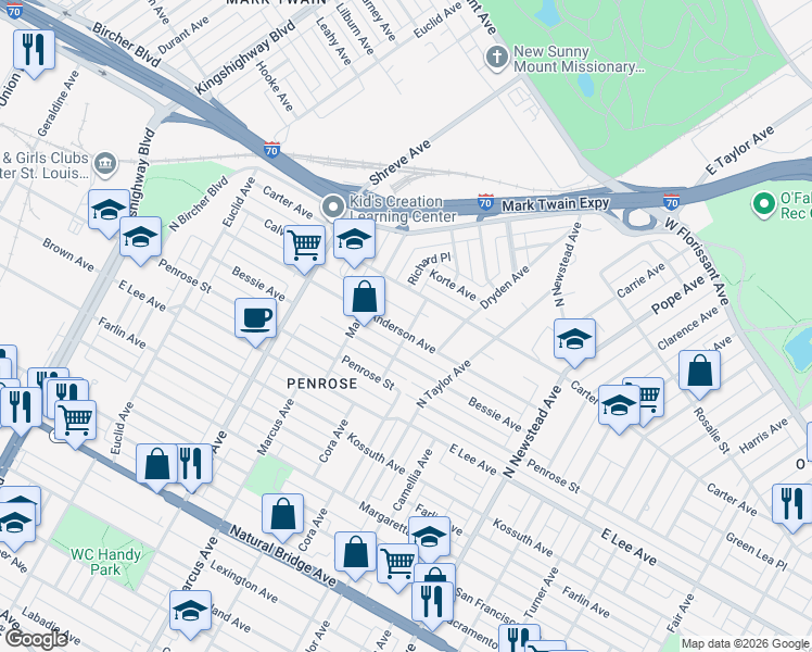 map of restaurants, bars, coffee shops, grocery stores, and more near 4601 Anderson Avenue in St. Louis