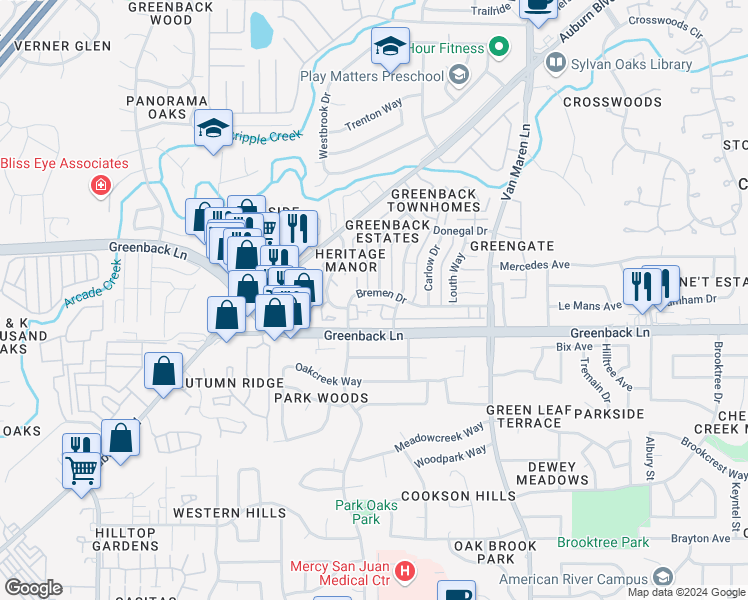 map of restaurants, bars, coffee shops, grocery stores, and more near 6424 Bremen Drive in Citrus Heights