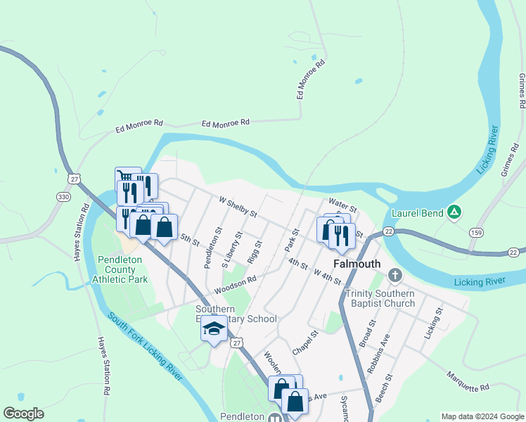 map of restaurants, bars, coffee shops, grocery stores, and more near 706 West Shelby Street in Falmouth