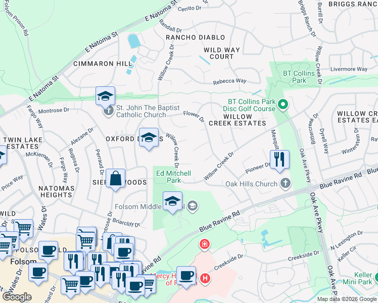 map of restaurants, bars, coffee shops, grocery stores, and more near 124 Johnston Court in Folsom