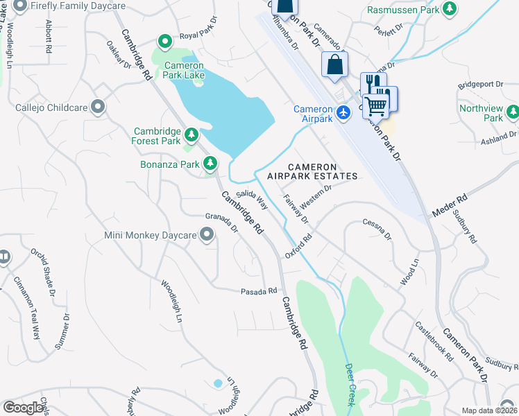 map of restaurants, bars, coffee shops, grocery stores, and more near 3226 Salida Way in Cameron Park