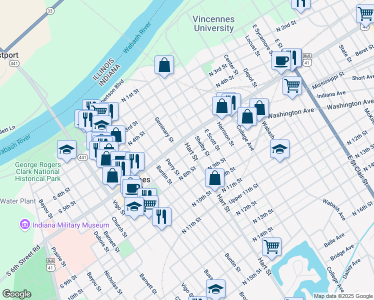 map of restaurants, bars, coffee shops, grocery stores, and more near 701-799 Hart St in Vincennes