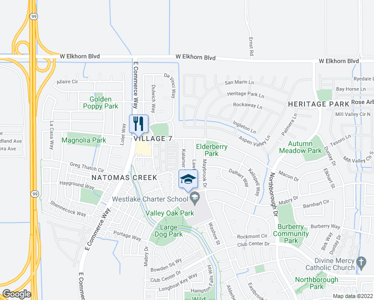 map of restaurants, bars, coffee shops, grocery stores, and more near 2747 Kalamer Street in Sacramento