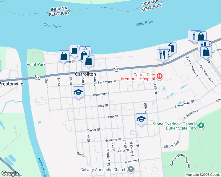 map of restaurants, bars, coffee shops, grocery stores, and more near 311 7th Street in Carrollton