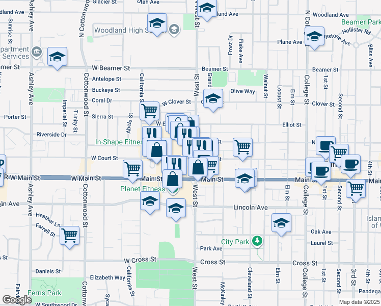 map of restaurants, bars, coffee shops, grocery stores, and more near 14 West Court Street in Woodland
