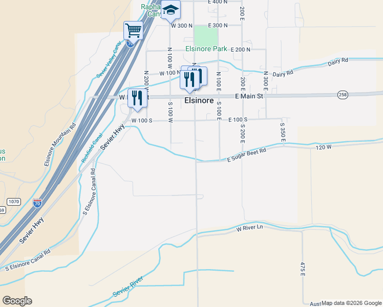 map of restaurants, bars, coffee shops, grocery stores, and more near 248 South Center Street in Elsinore