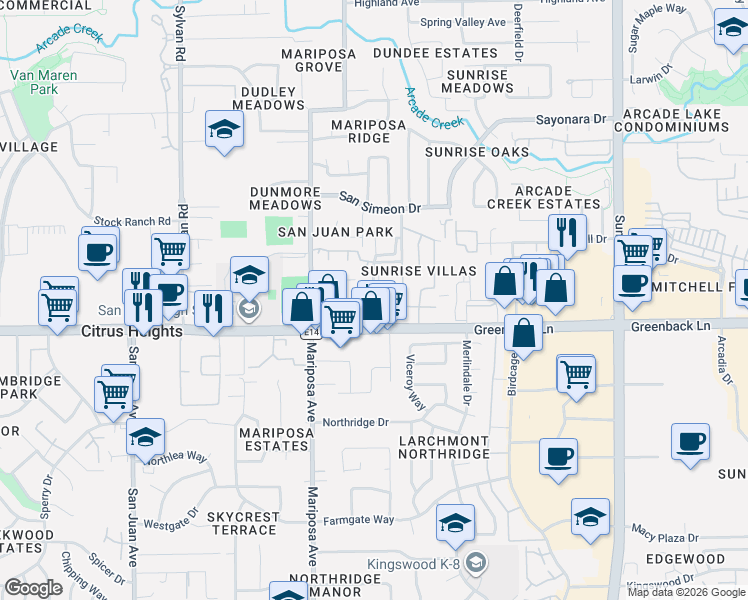 map of restaurants, bars, coffee shops, grocery stores, and more near 6231 Burich Avenue in Citrus Heights