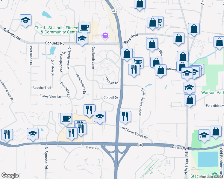 map of restaurants, bars, coffee shops, grocery stores, and more near 10316 Forest Brook Lane in St. Louis