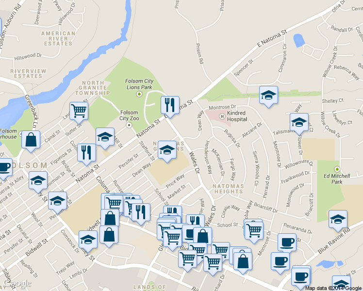 map of restaurants, bars, coffee shops, grocery stores, and more near 101 Dean Way in Folsom