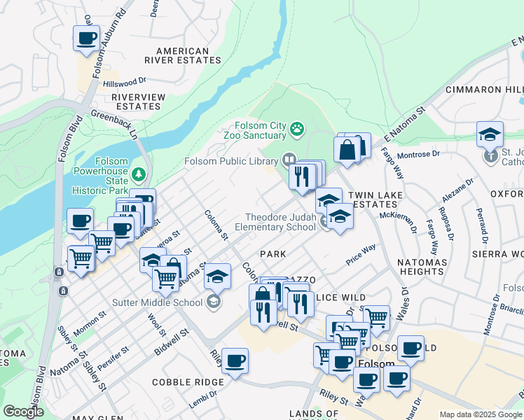 map of restaurants, bars, coffee shops, grocery stores, and more near 210 Natoma Street in Folsom