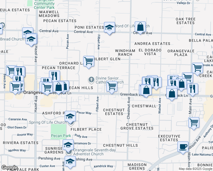 map of restaurants, bars, coffee shops, grocery stores, and more near 9127 Greenback Lane in Orangevale