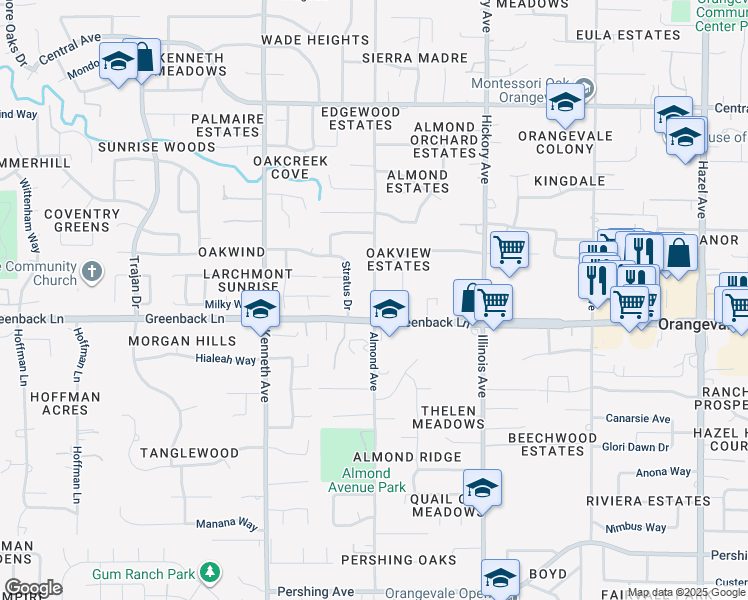 map of restaurants, bars, coffee shops, grocery stores, and more near 8611 Greenback Lane in Orangevale