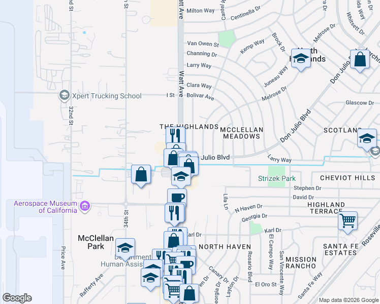 map of restaurants, bars, coffee shops, grocery stores, and more near in North Highlands