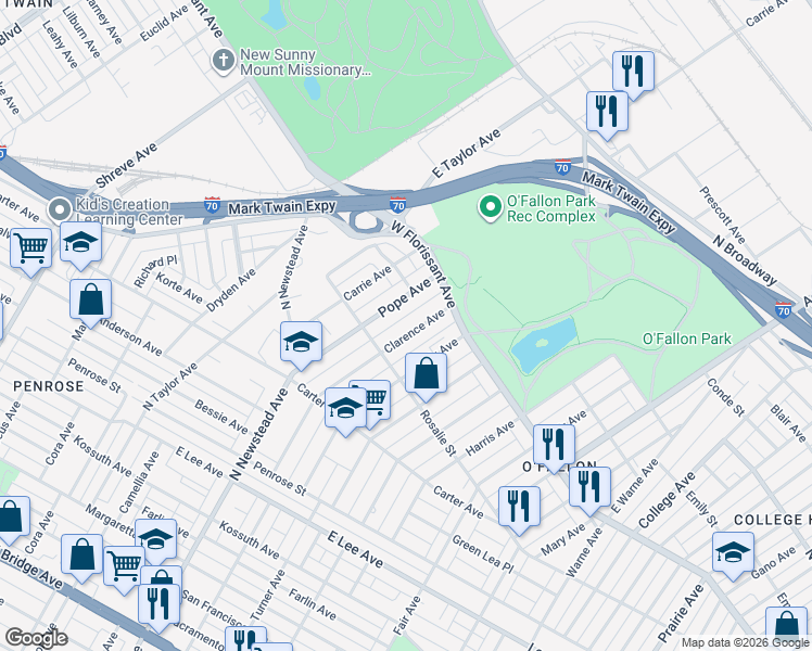 map of restaurants, bars, coffee shops, grocery stores, and more near 4521 Clarence Avenue in St. Louis