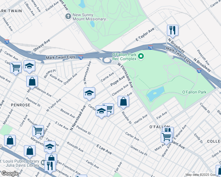 map of restaurants, bars, coffee shops, grocery stores, and more near 4521 Clarence Avenue in St. Louis