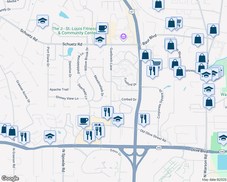 map of restaurants, bars, coffee shops, grocery stores, and more near 10360 Forest Brook Lane in St. Louis
