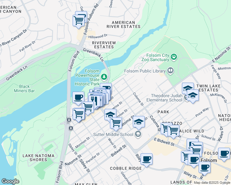 map of restaurants, bars, coffee shops, grocery stores, and more near 504 Sutter Street in Folsom