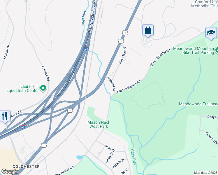 map of restaurants, bars, coffee shops, grocery stores, and more near 8105 Hassett Street in Lorton