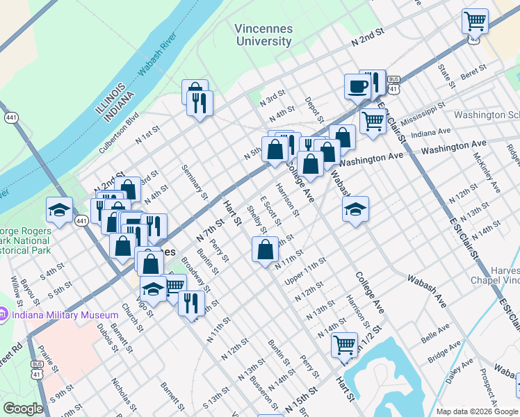 map of restaurants, bars, coffee shops, grocery stores, and more near 701-707 N 8th St in Vincennes