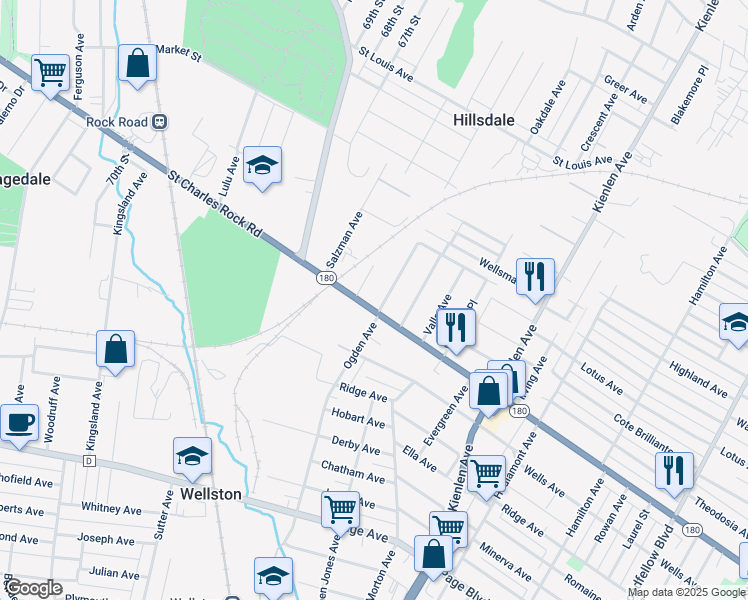 map of restaurants, bars, coffee shops, grocery stores, and more near 6601 Doctor Martin Luther King Drive in St. Louis