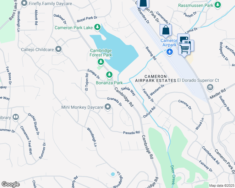 map of restaurants, bars, coffee shops, grocery stores, and more near 3190 Cambridge Road in Cameron Park