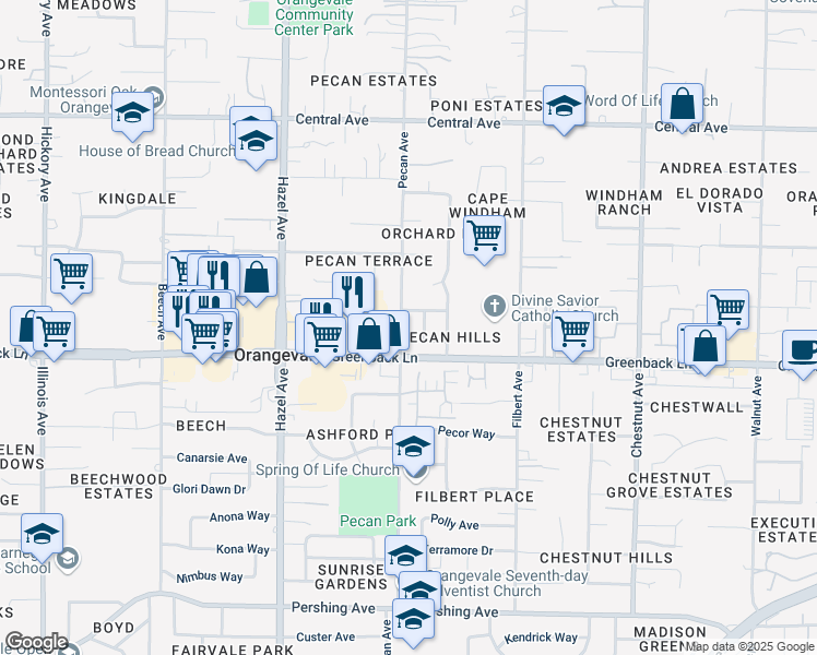 map of restaurants, bars, coffee shops, grocery stores, and more near 6208 Pecan Avenue in Orangevale