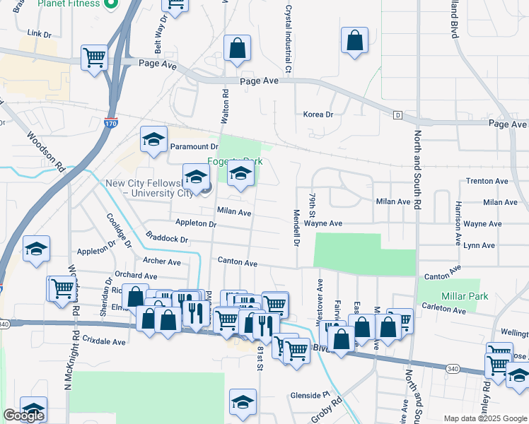 map of restaurants, bars, coffee shops, grocery stores, and more near 8024 Milan Avenue in University City