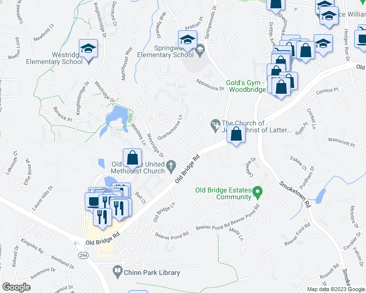 map of restaurants, bars, coffee shops, grocery stores, and more near 12732 Inverness Way in Woodbridge