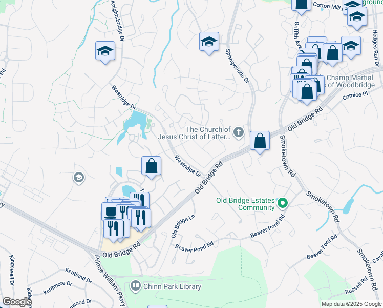 map of restaurants, bars, coffee shops, grocery stores, and more near 12944 Lockleven Lane in Woodbridge