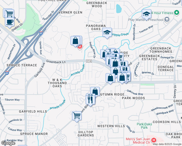 map of restaurants, bars, coffee shops, grocery stores, and more near 6217 Plymouth Rock Lane in Citrus Heights