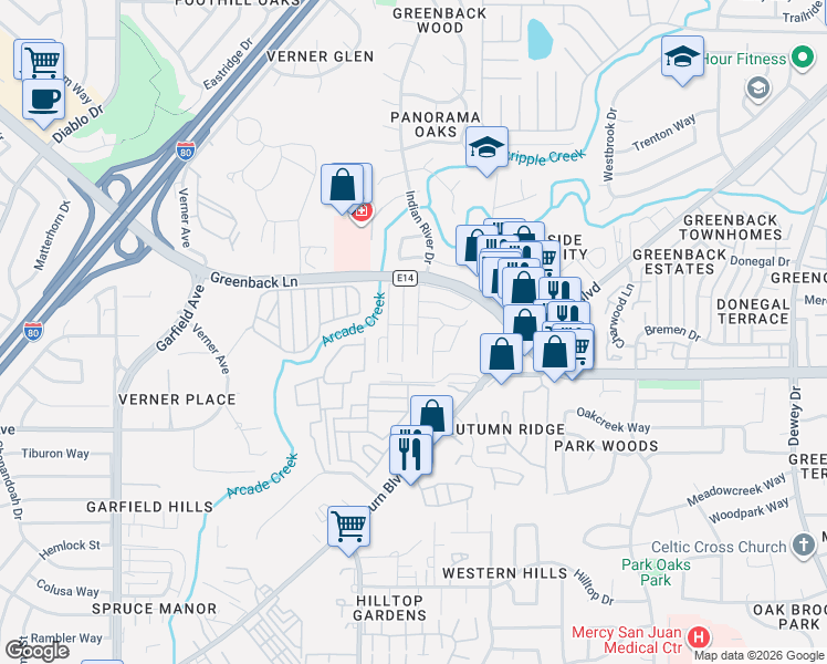 map of restaurants, bars, coffee shops, grocery stores, and more near 6034 Revolution Lane in Citrus Heights