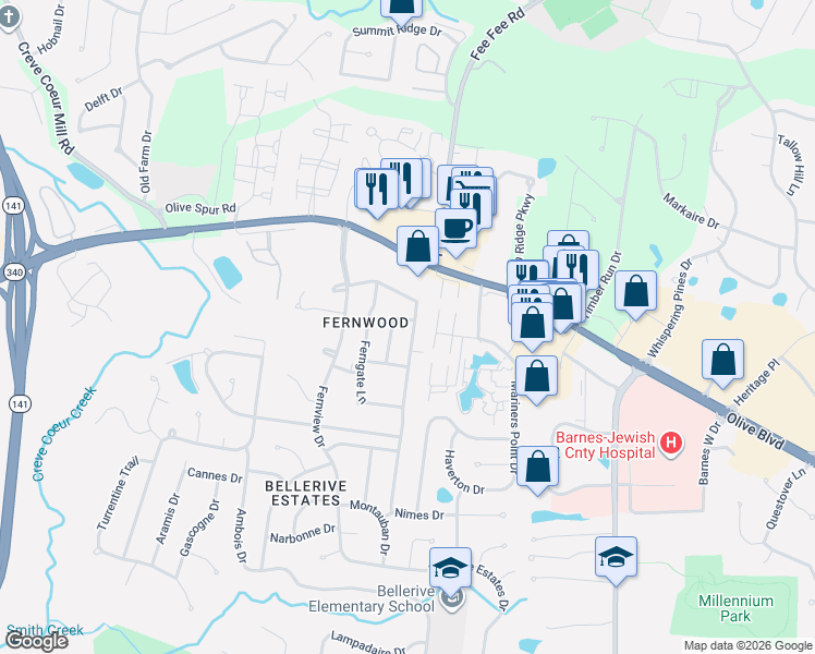 map of restaurants, bars, coffee shops, grocery stores, and more near 1018 Fernpark Drive in Creve Coeur