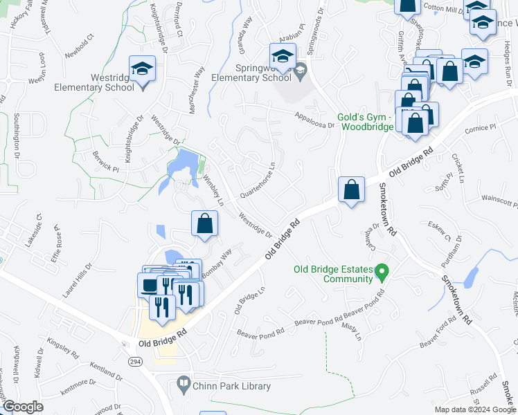 map of restaurants, bars, coffee shops, grocery stores, and more near 12944 Lockleven Lane in Woodbridge