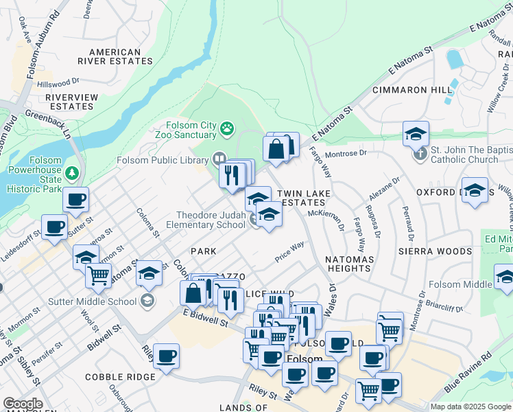 map of restaurants, bars, coffee shops, grocery stores, and more near 82 Dean Way in Folsom