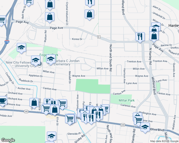 map of restaurants, bars, coffee shops, grocery stores, and more near 1501 Annandale Drive in University City