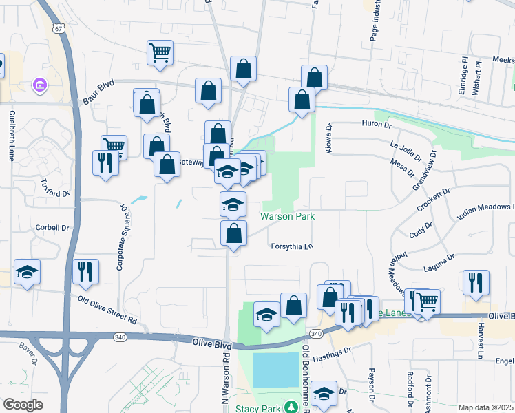 map of restaurants, bars, coffee shops, grocery stores, and more near 9749 Grandview Drive in Olivette