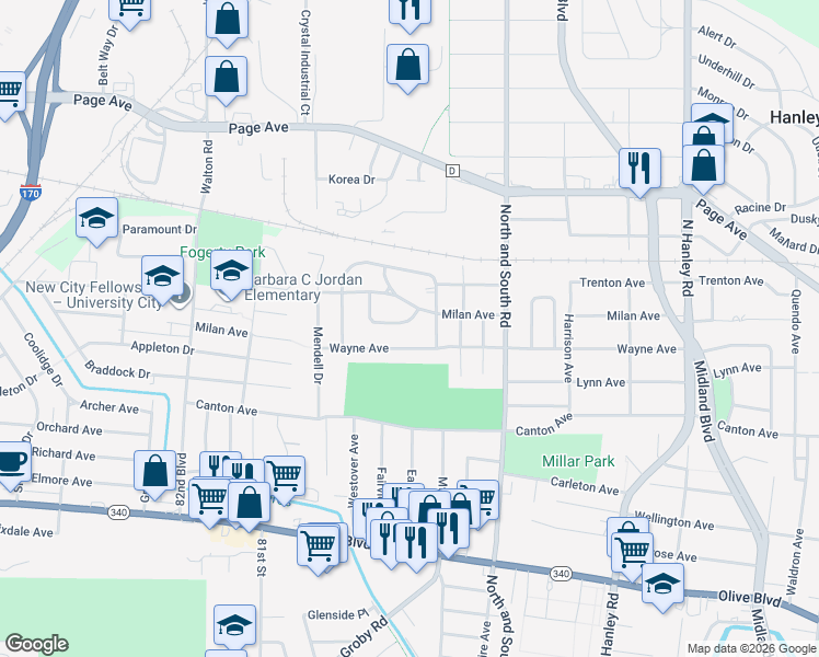 map of restaurants, bars, coffee shops, grocery stores, and more near 1501 Annandale Drive in University City