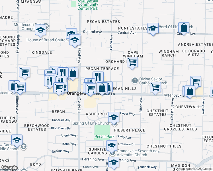 map of restaurants, bars, coffee shops, grocery stores, and more near 6225 Pecan Avenue in Orangevale
